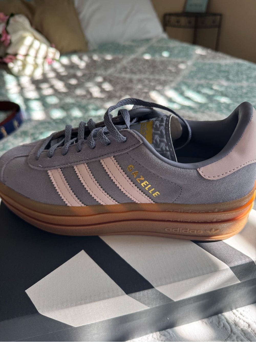 Adidas Gazelle Platform Lace-Up Sneakers in Light Blue and White